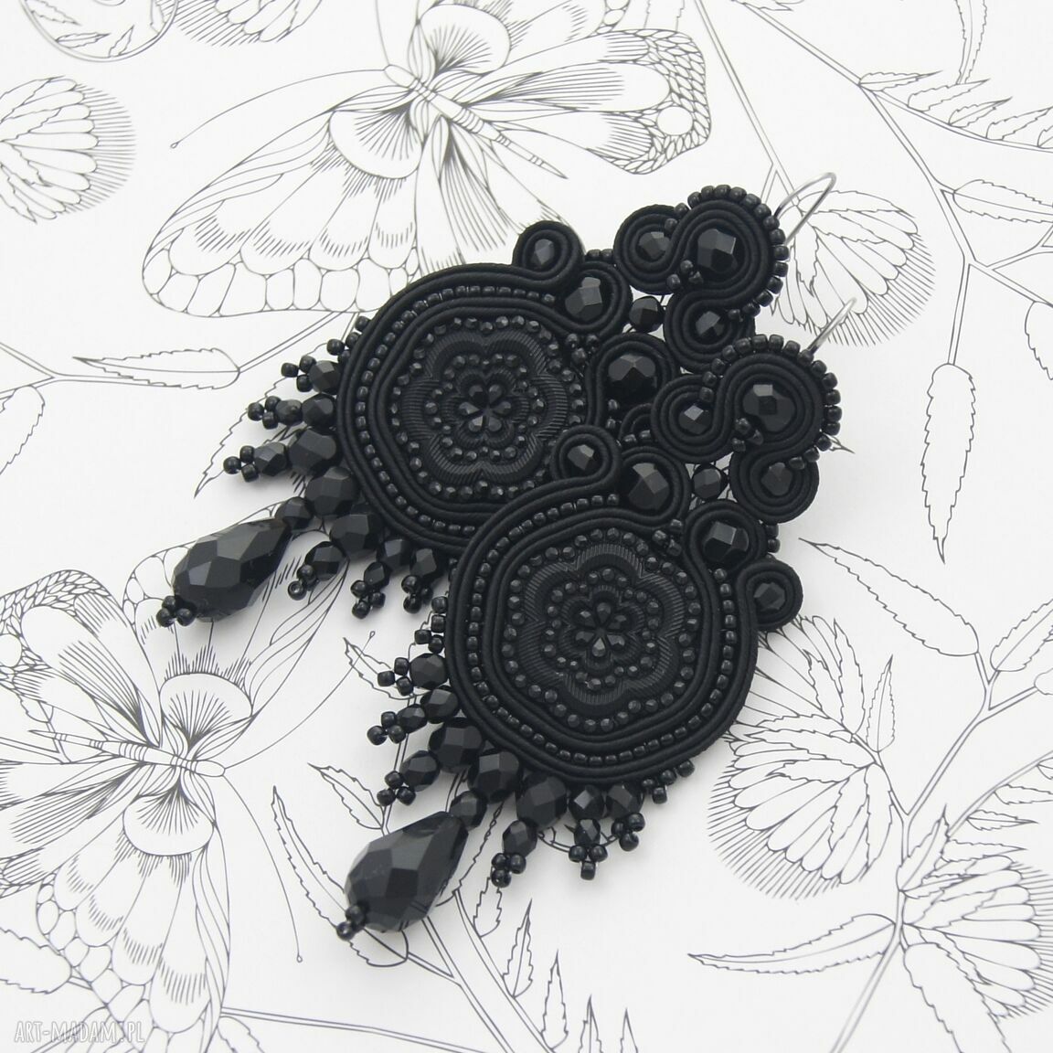 Kolczyki soutache Czarne Kwiaty wieczorowe 9 cm