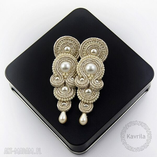 Kolczyki soutache glamour light gold ślubne wykonane techniką