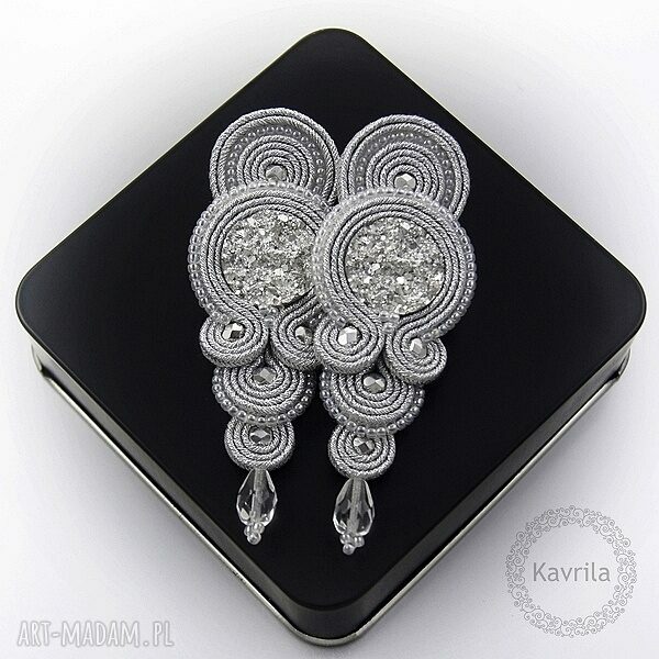Kolczyki soutache glamour silver wieczorowe wykonane techniką
