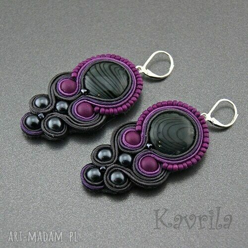 Kolczyki soutache grey&violet sutasz wykonane techniką ręcznego haftu kavrila