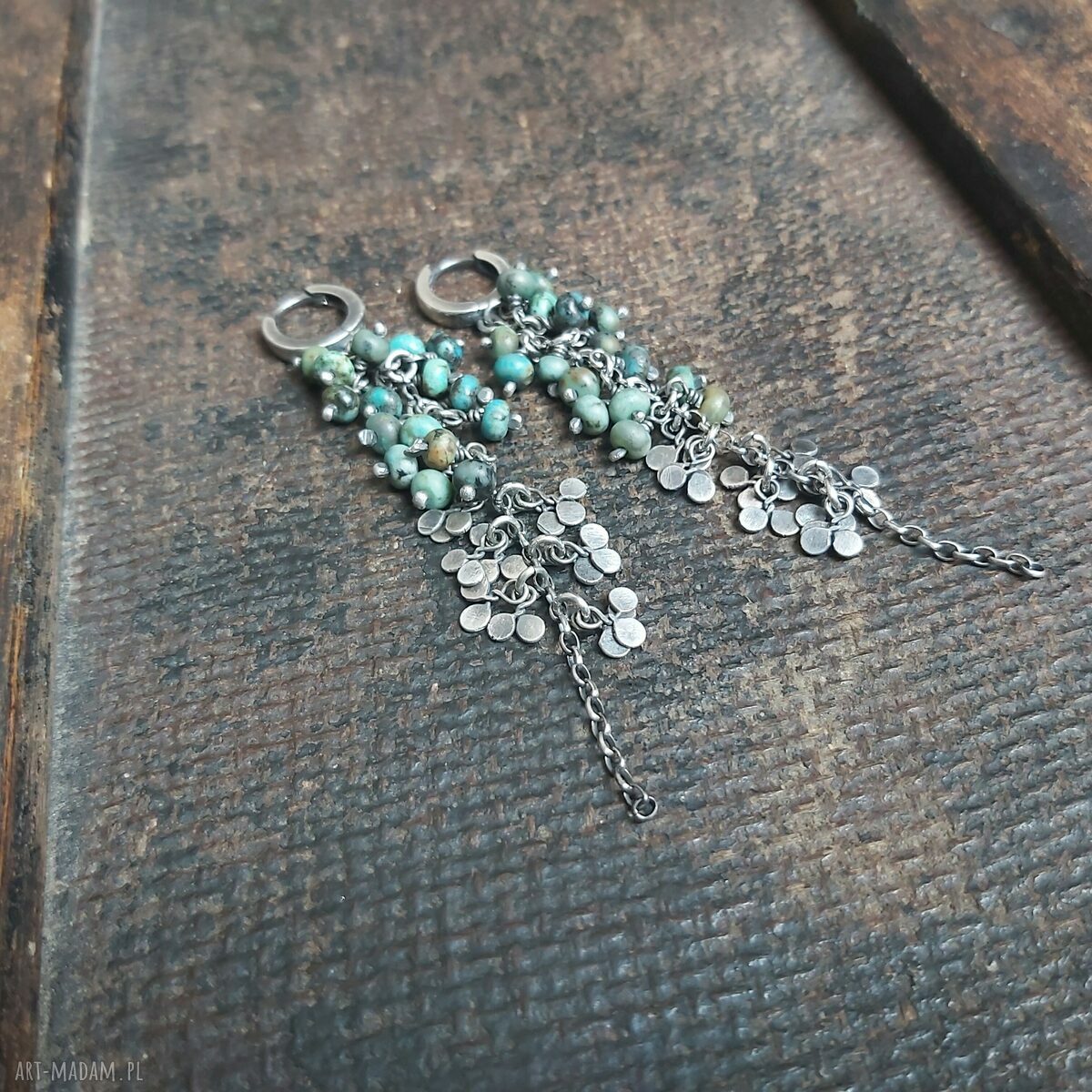 Kolczyki srebrne listki z turkusem afrykańskim handmade