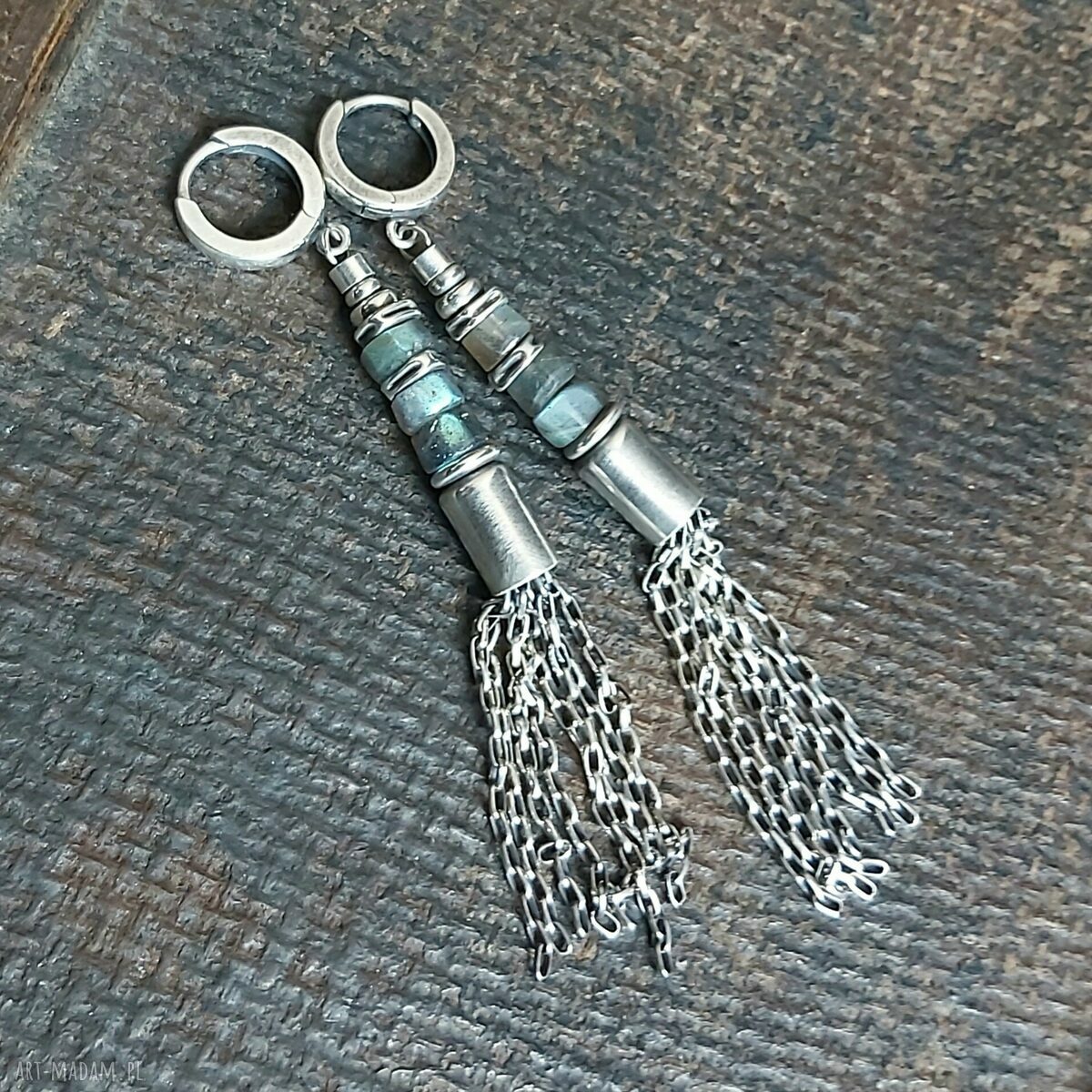 Kolczyki srebrne labradorytami metaloplastyka srebro oksydowane