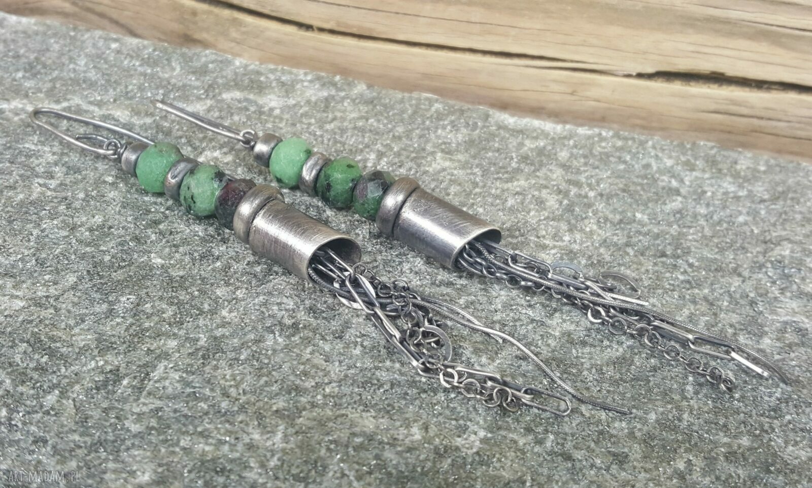art Madam.pl: Kolczyki srebrne z zoisytem srebro 925 oksydowane i fasetowane oponek (7x5 mm)