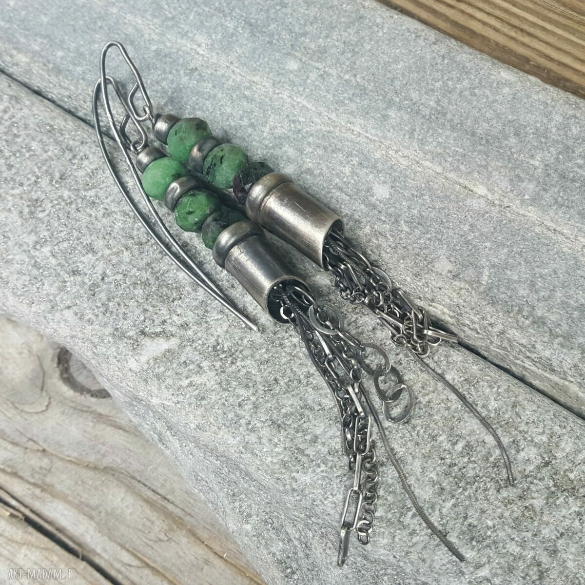 art Madam.pl: Kolczyki srebrne z zoisytem srebro 925 oksydowane i fasetowane oponek (7x5 mm)