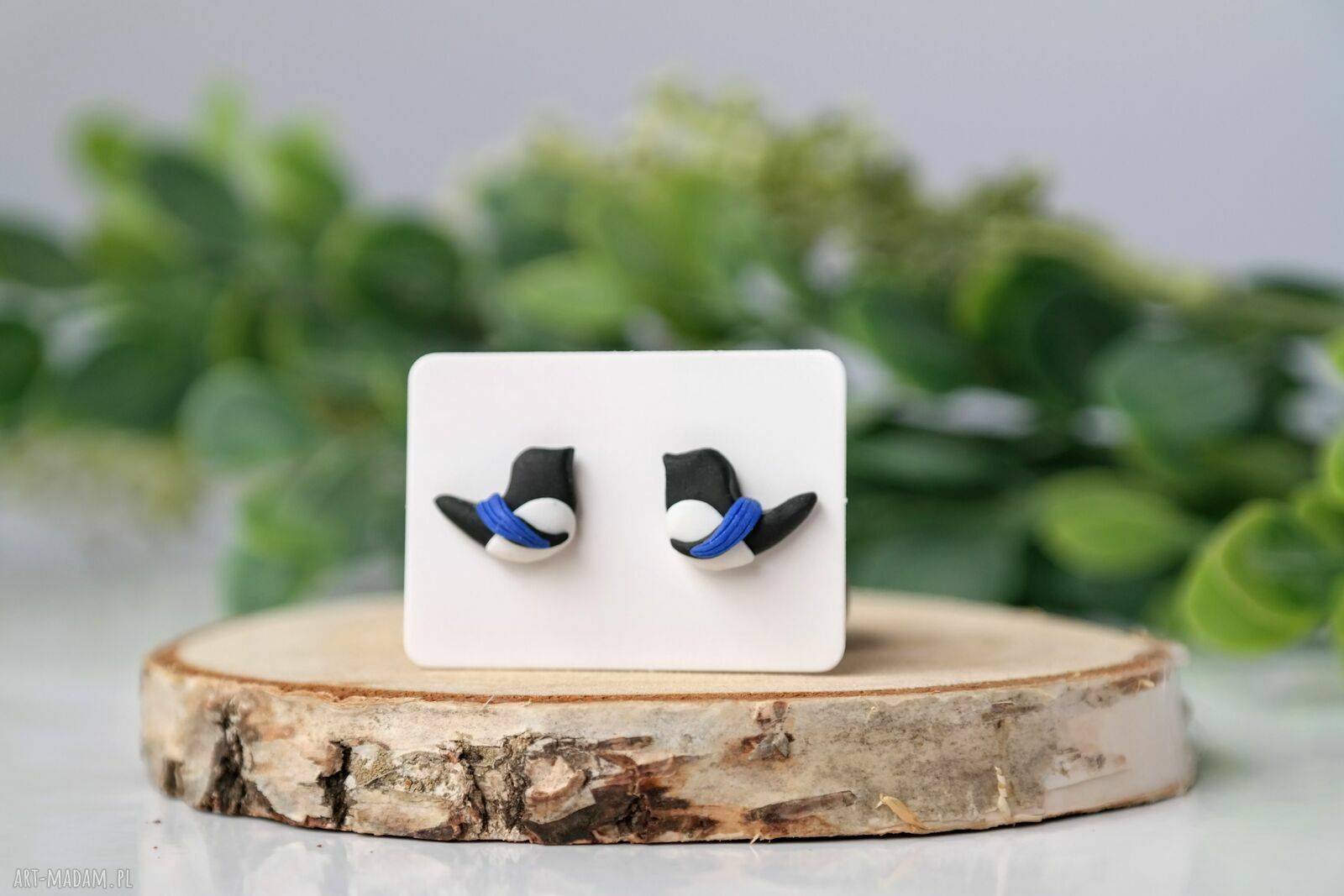 Kolczyki sroki z kobaltową wstążką - mini sztyfty handmade