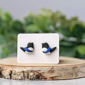 kolczyki sroki z kobaltową wstążką - mini sztyfty handmade