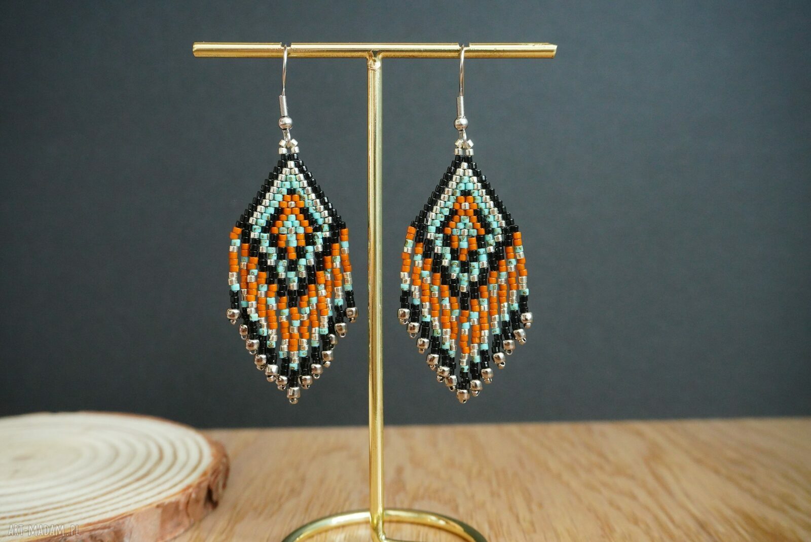 Długie kolczyki ze stali chirurgicznej - beading Miyuki w kolorach turkus i brąz