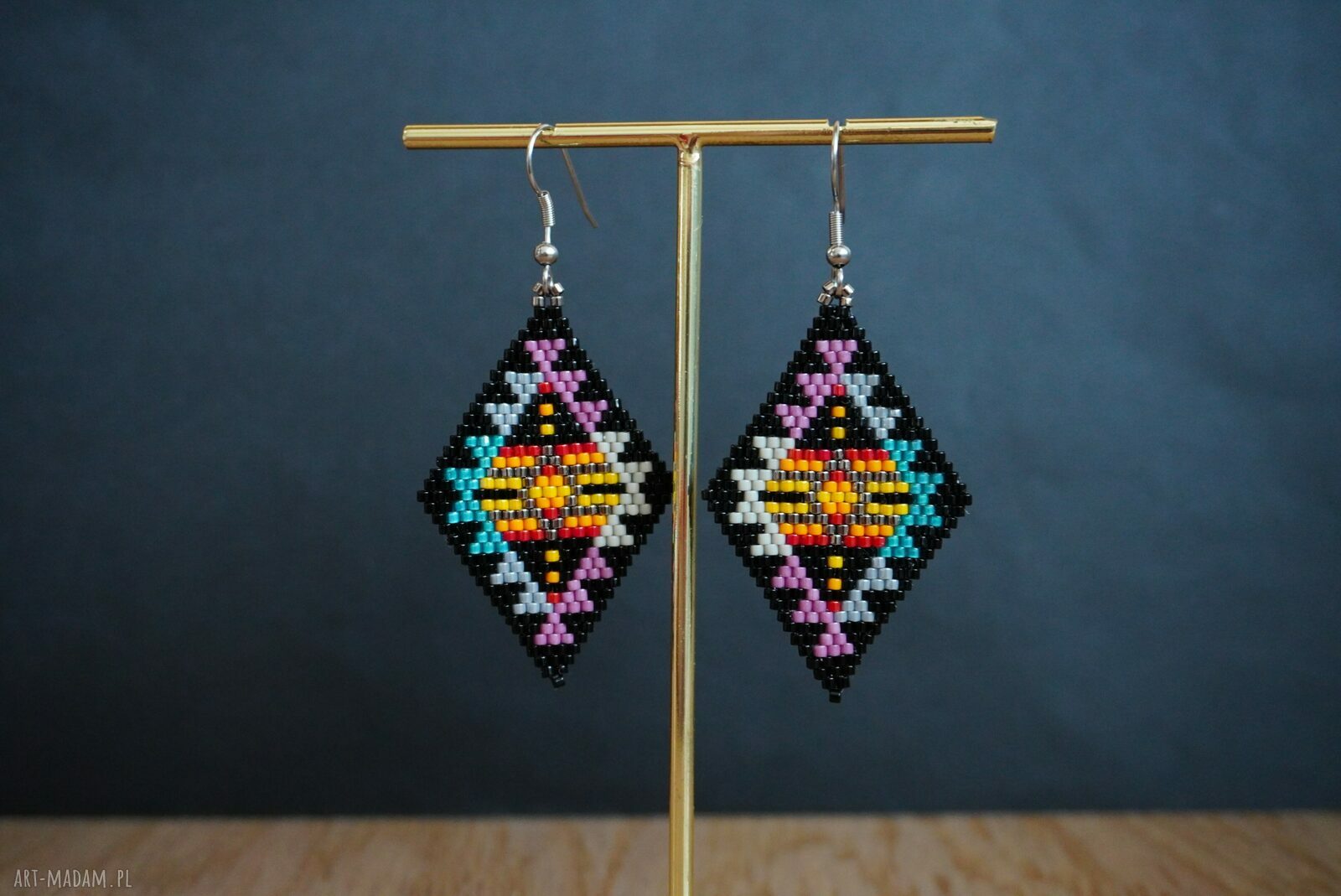Kolczyki w romby ze stali chirurgicznej i koralików Miyuki - kolorowe beading