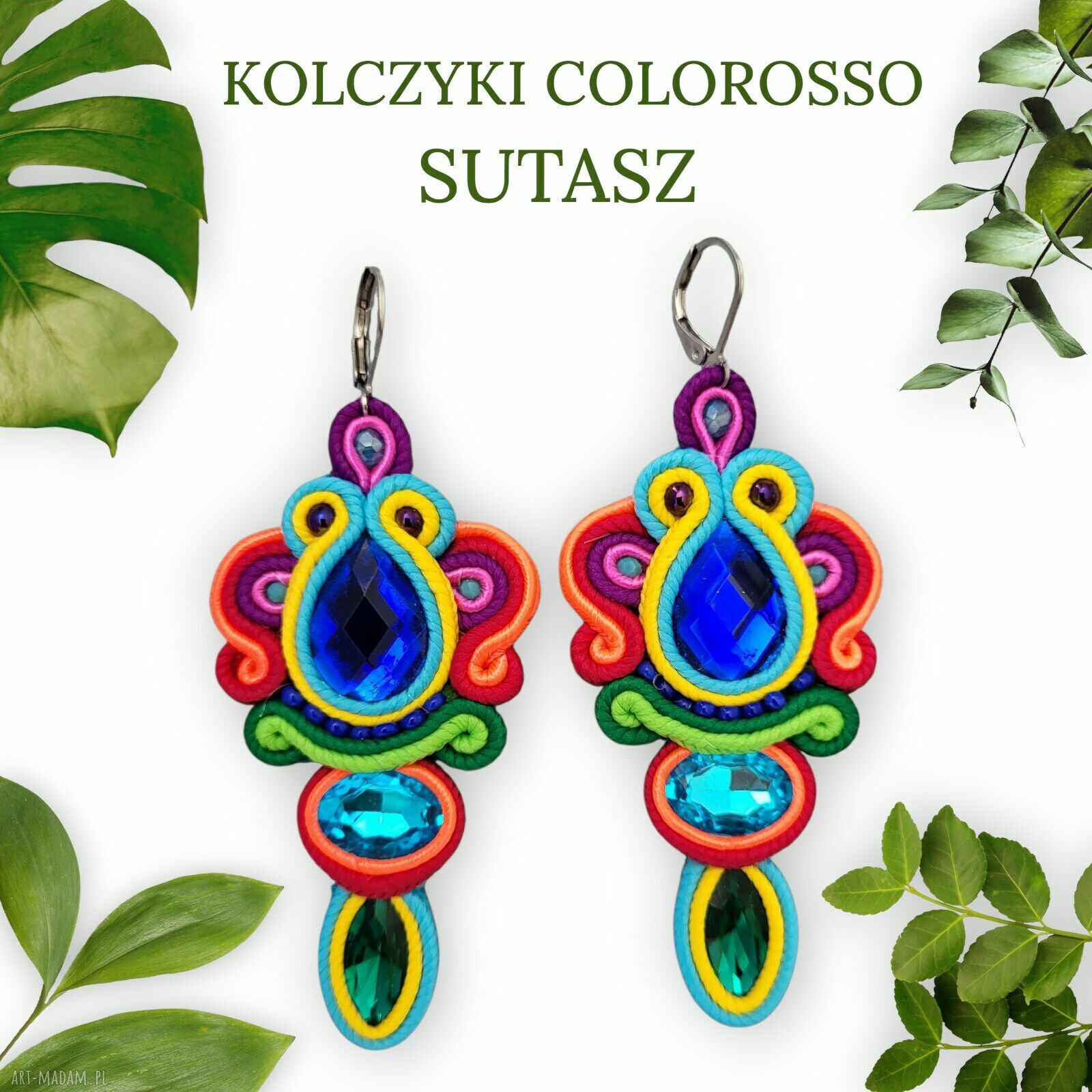 Kolczyki sutasz Colorosso - kolorowe haftowane wiszące z antyalergicznymi biglami