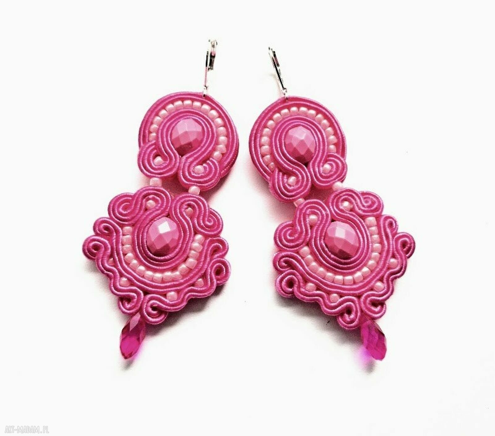 Ręcznie haftowane kolczyki sutaszowe Cold Pink - boho, 7 cm