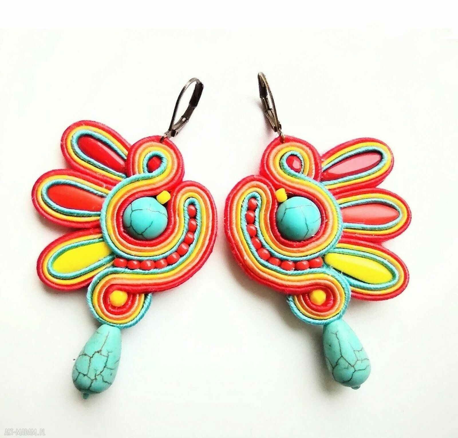 Kolczyki sutaszowe ręcznie haftowane 'Irokez' z turkusowym howlitami