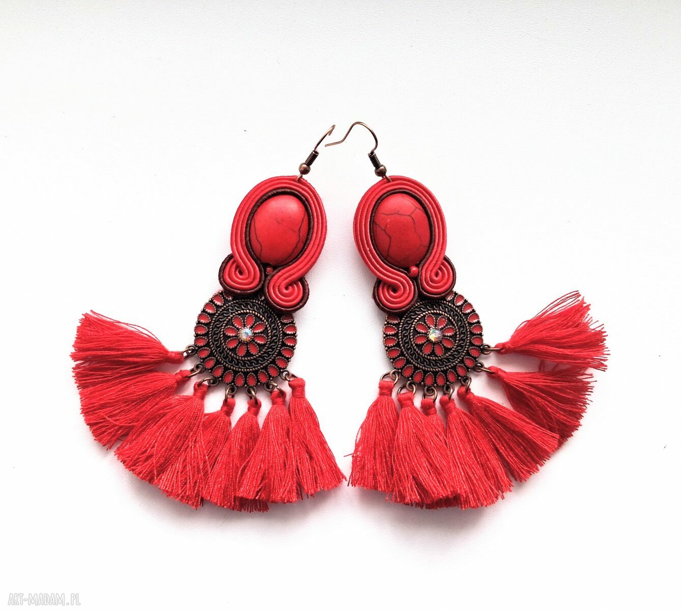 Kolczyki sutaszowe ręcznie haftowane Red - czerwono-brązowe frędzle 9 cm