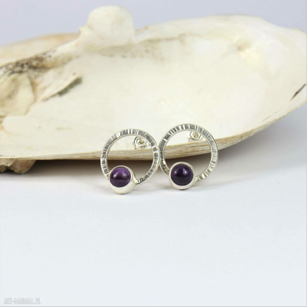 Kolczyki sztyfty z ametystami - Bellamente, ręcznie robione srebro 925 i 999