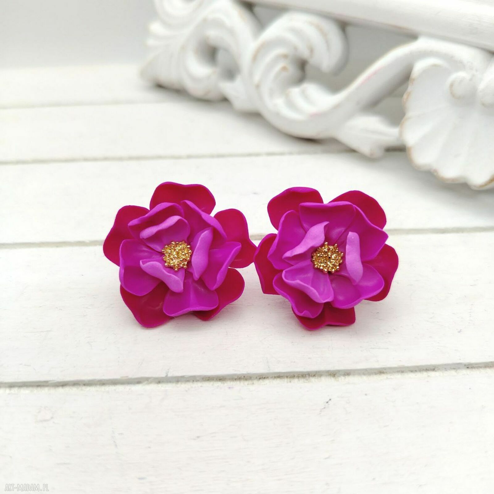 Różowe kolczyki sztyfty z kwiatami handmade - średnica ok. 28 mm