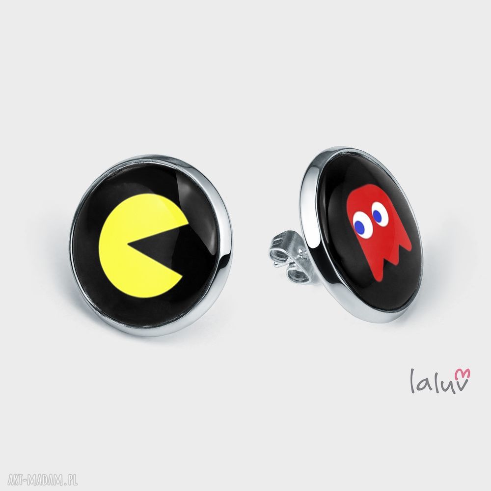 Kolczyki sztyfty PACMAN & GHOST - ręcznie robione, antyalergiczne, z grafiki pod szkiełkiem