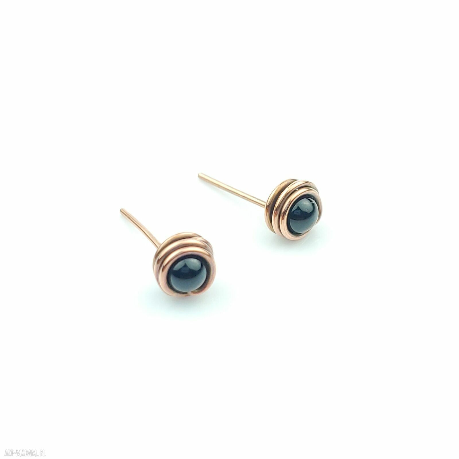 Kolczyki sztyfty z onyksu - miedziane wire wrapping, oksydowane