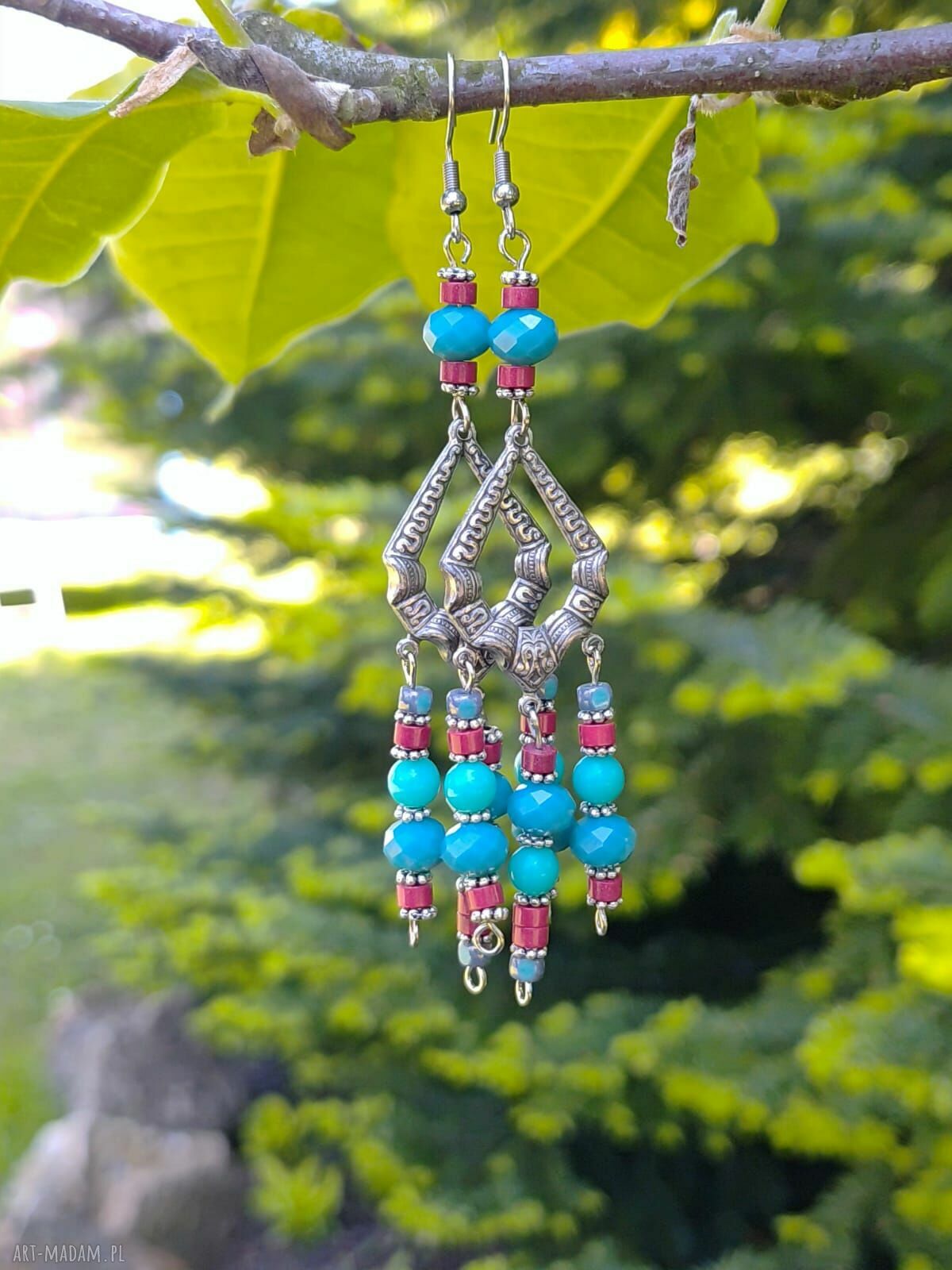 Turkusowe kolczyki z koralików i czerwonego korala - Floral boho