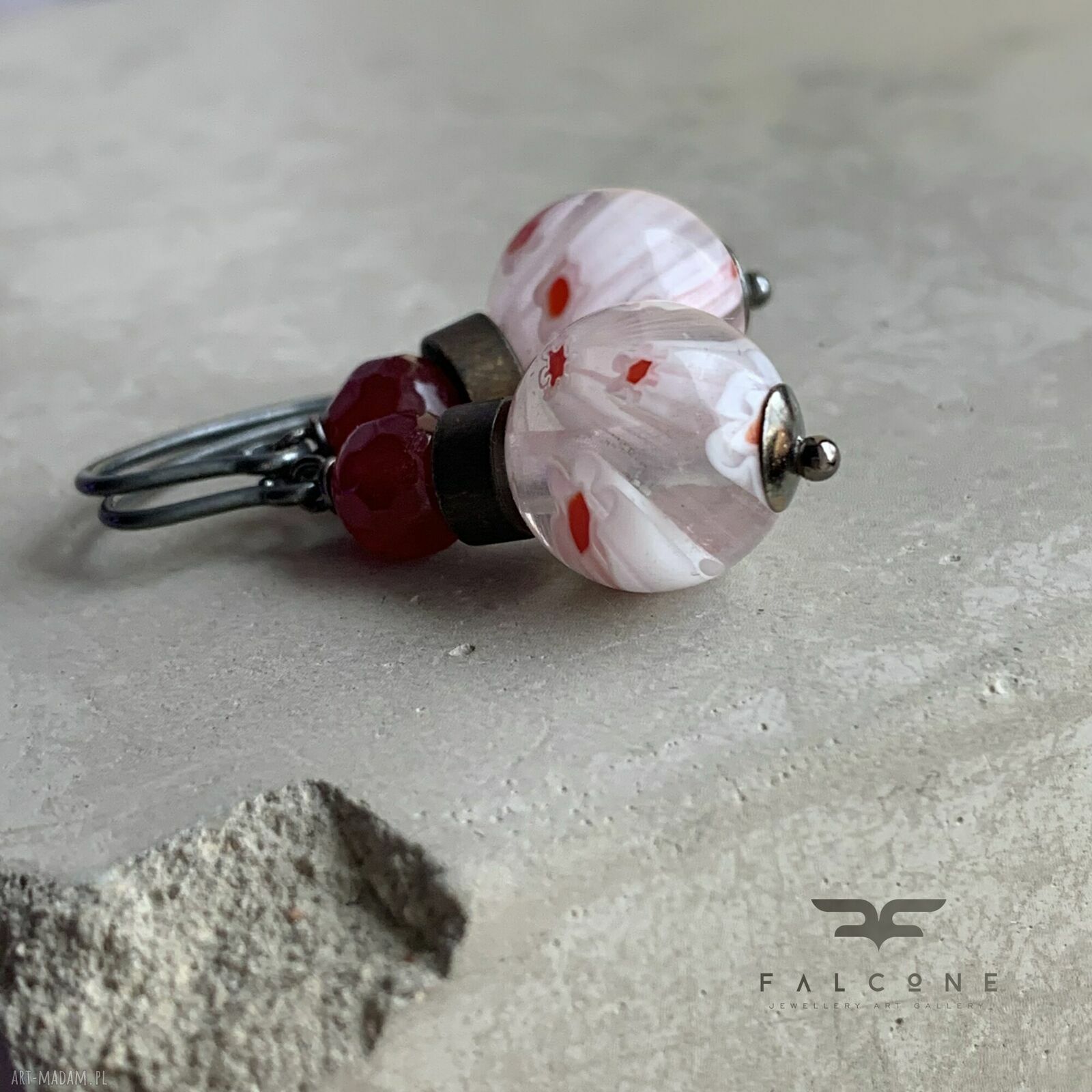 Kolczyki White Millefiori & Bordo z jadeitem, szkłem millefiori i biglami z oksydowanego srebra