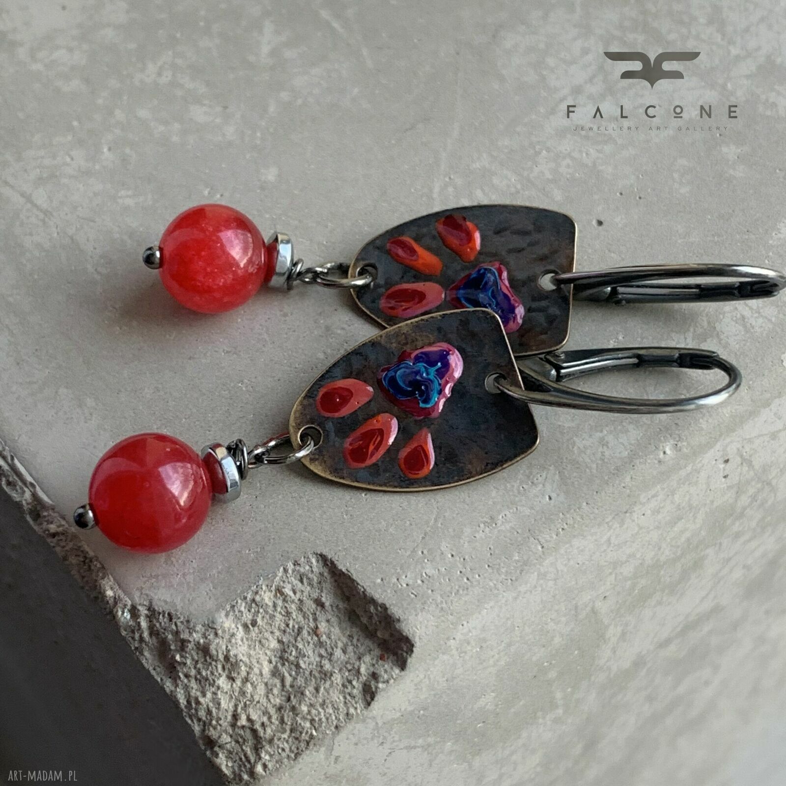 Kolczyki Wild Flowers Red & Blue - emaliowane kwiaty z agatami