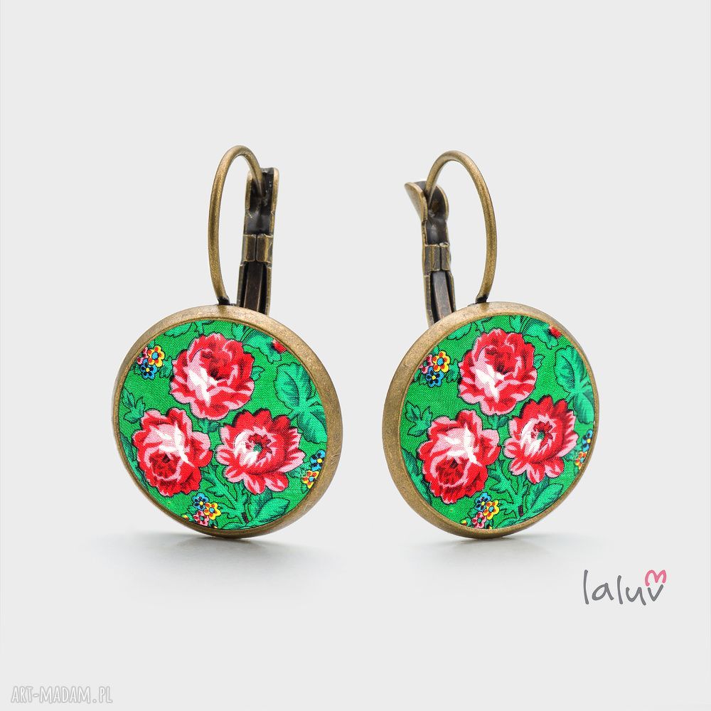 Kolczyki wiszące GREEN ROSES - ludowe róże antyalergiczne