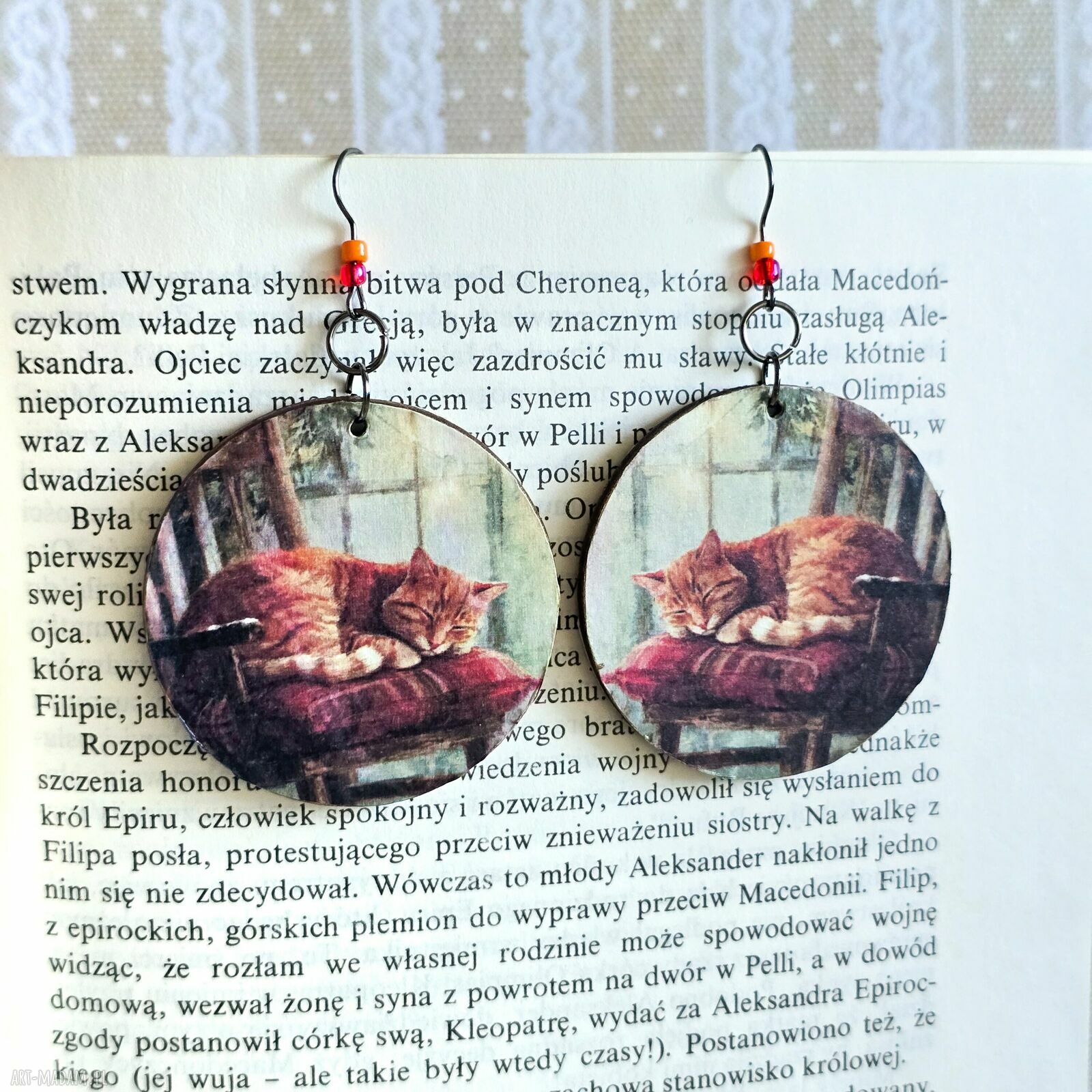 Kolczyki wiszące Kocie dobranoc - ręcznie robione decoupage na drewnie