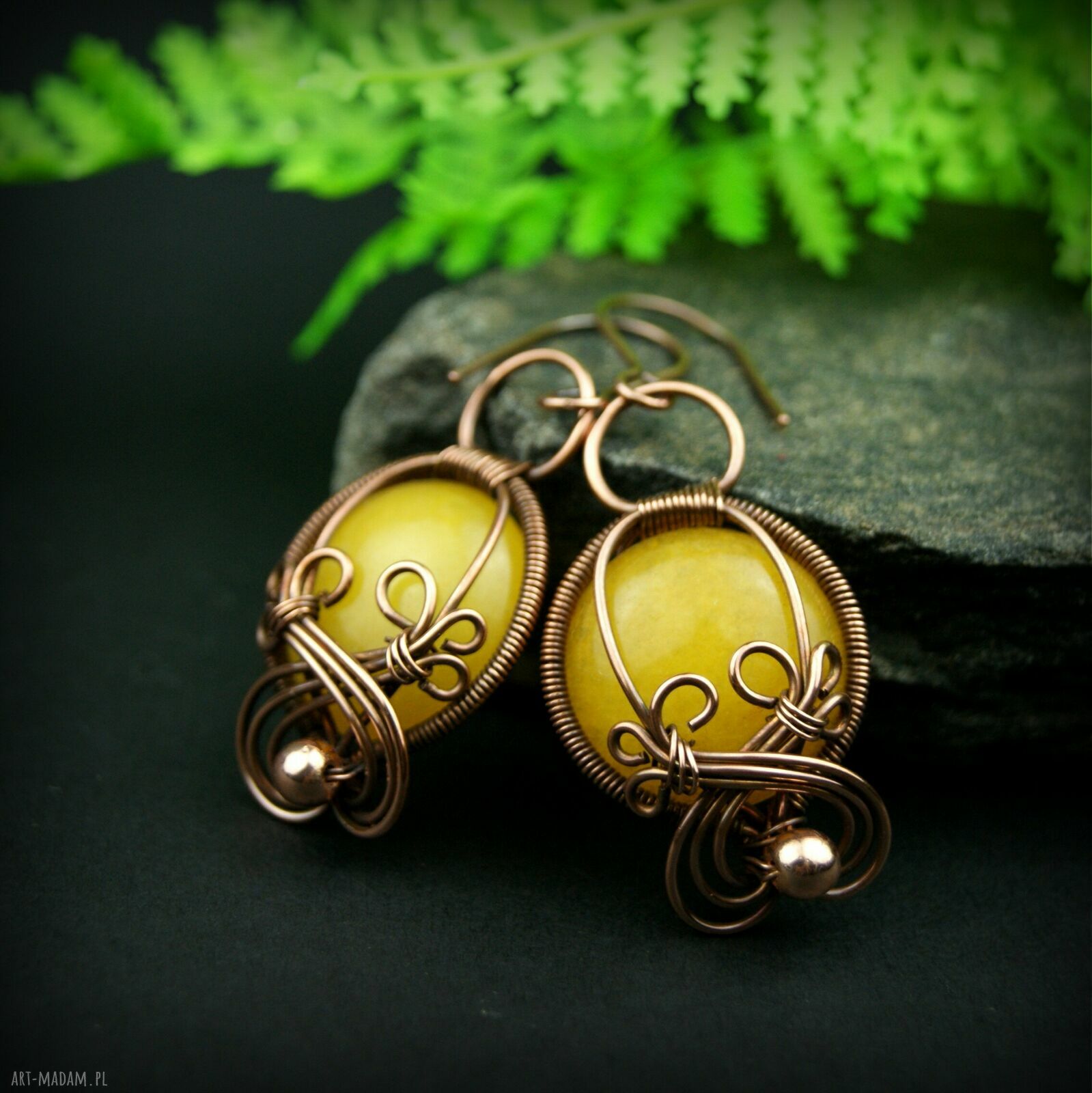 Kolczyki z agatem, hematytem i miedzią - ręczne wire wrapping