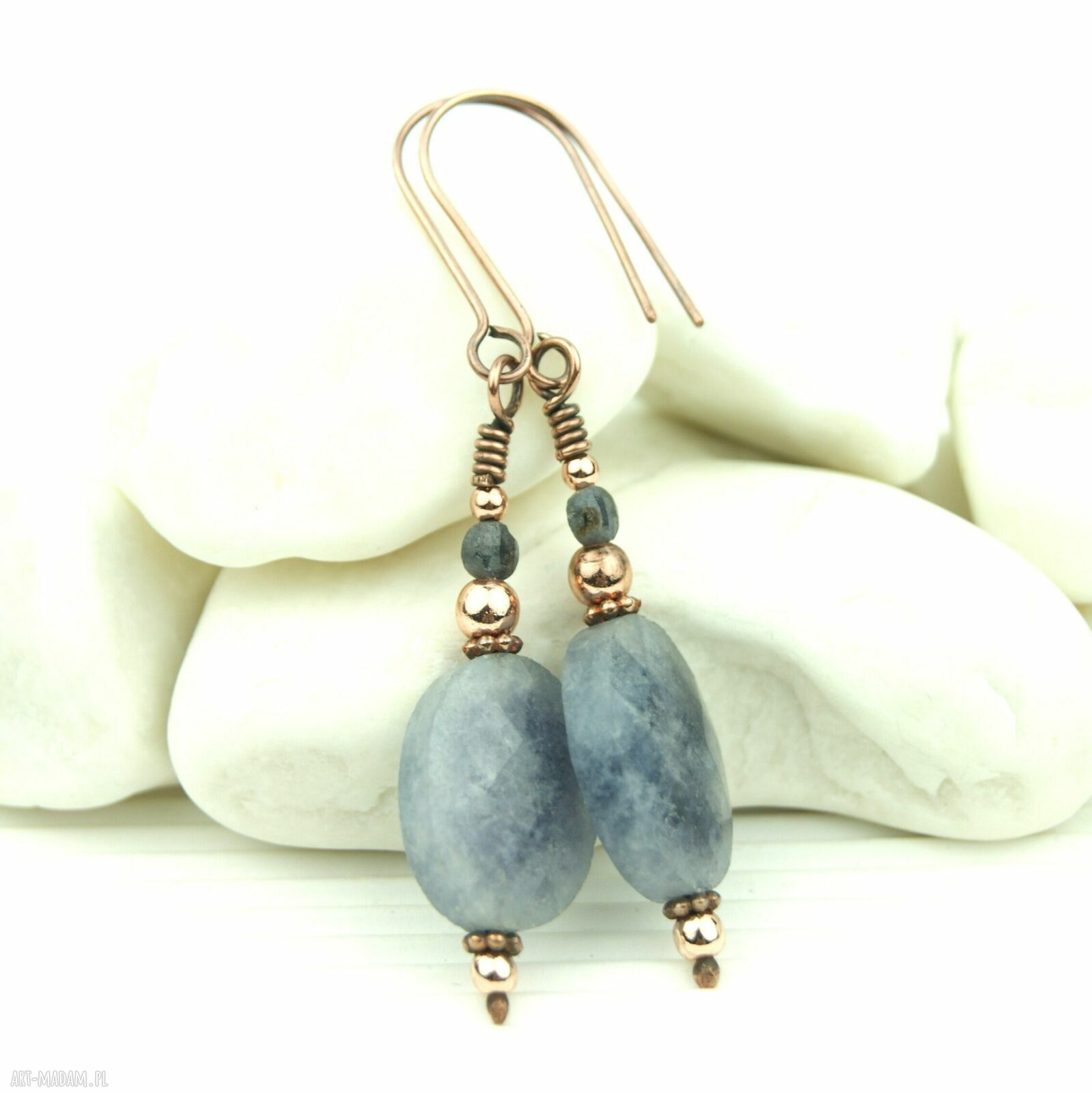 Kolczyki z akwamarynem i szafirem - wiszące miedziane wire wrapping