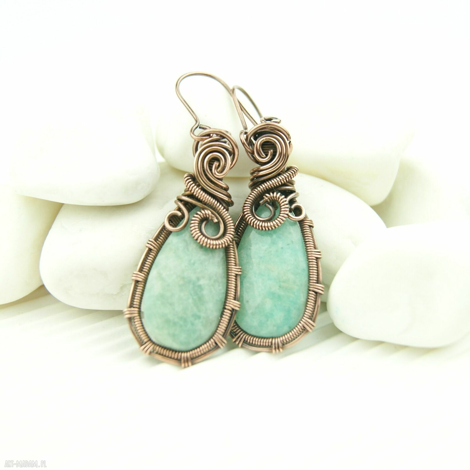 Wiszące kolczyki z amazonitem - miedziane wire wrapping, ręczne wykonanie