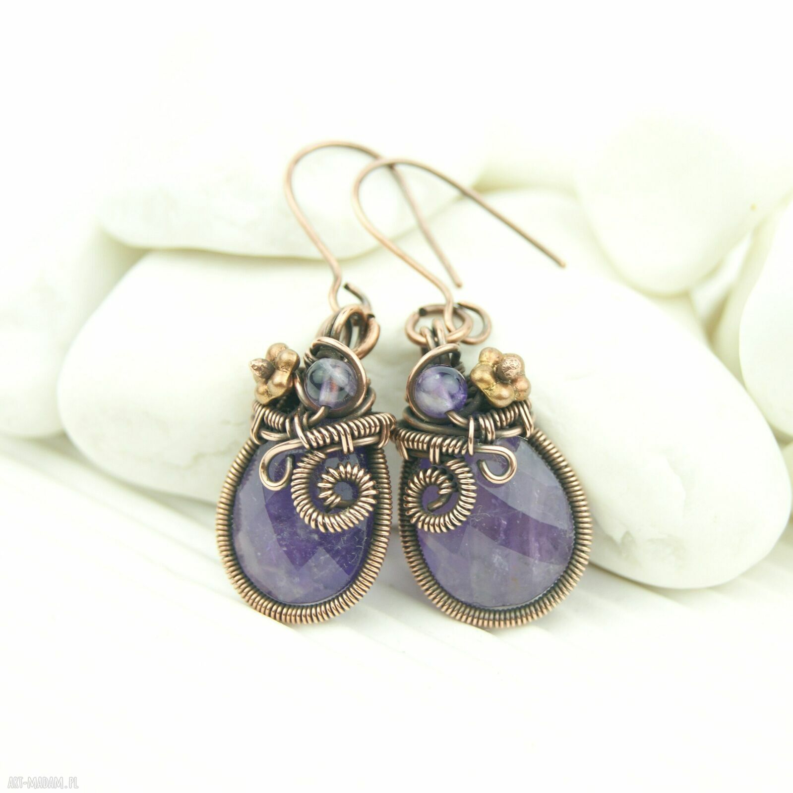 Miedziane kolczyki z ametystem - wiszące wire wrapping
