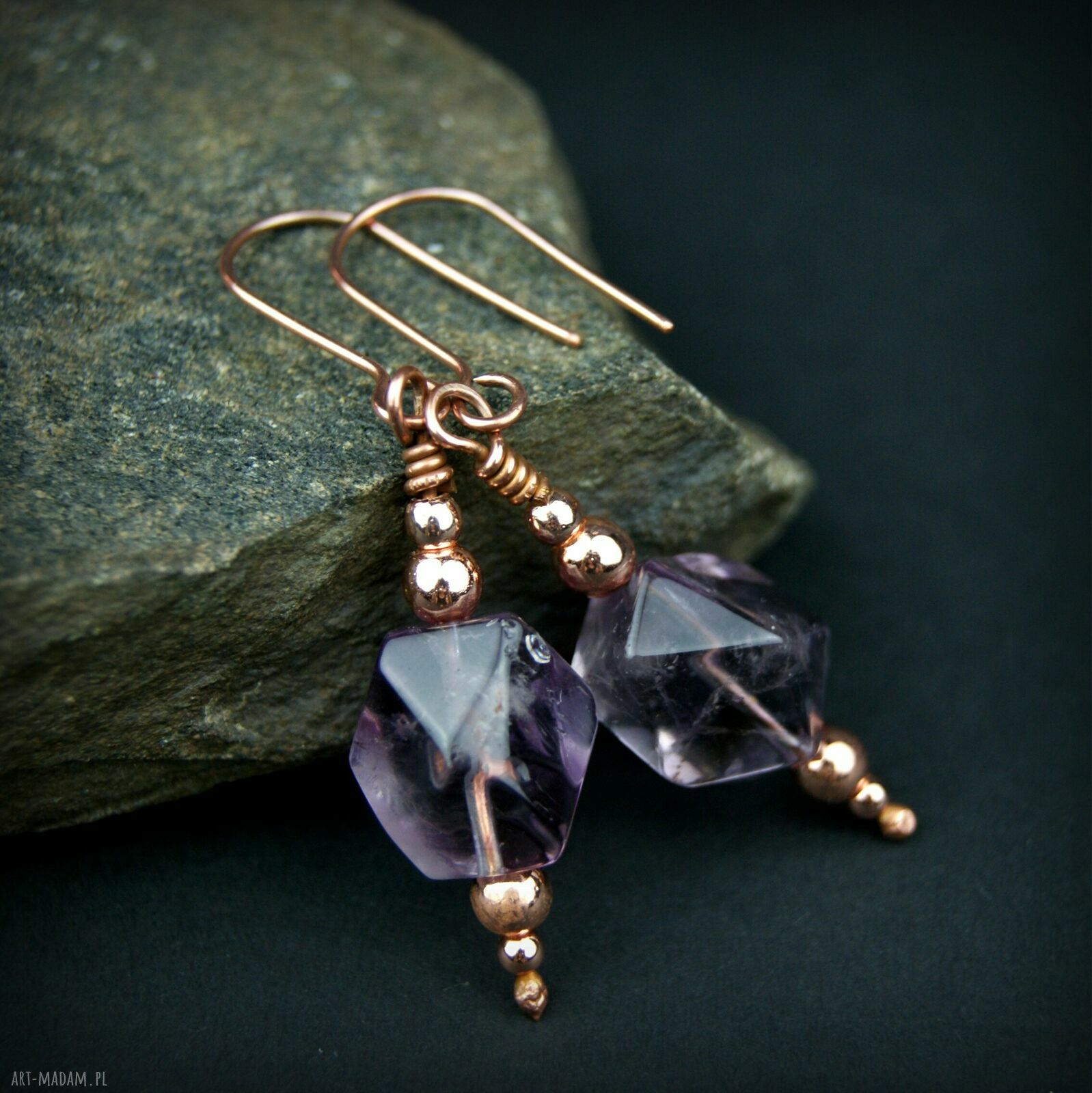 Kolczyki z ametystem i hematytem - miedziane wiszące wire wrapping
