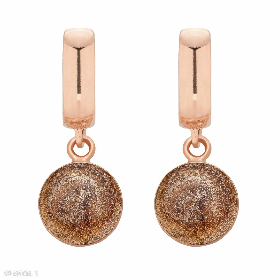 Kolczyki brązową żywicą różowego złota wiszące okrągłe &#