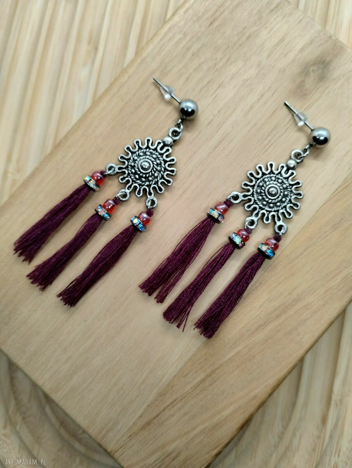 Bordowo-fioletowe kolczyki z chwostami handmade