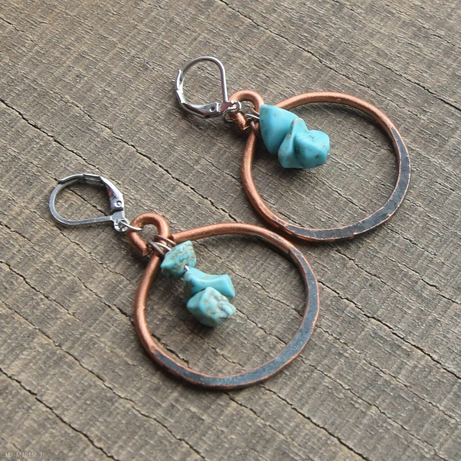 Kolczyki gotyckie z kutej oksydowanej miedzi i turkusem - handmade