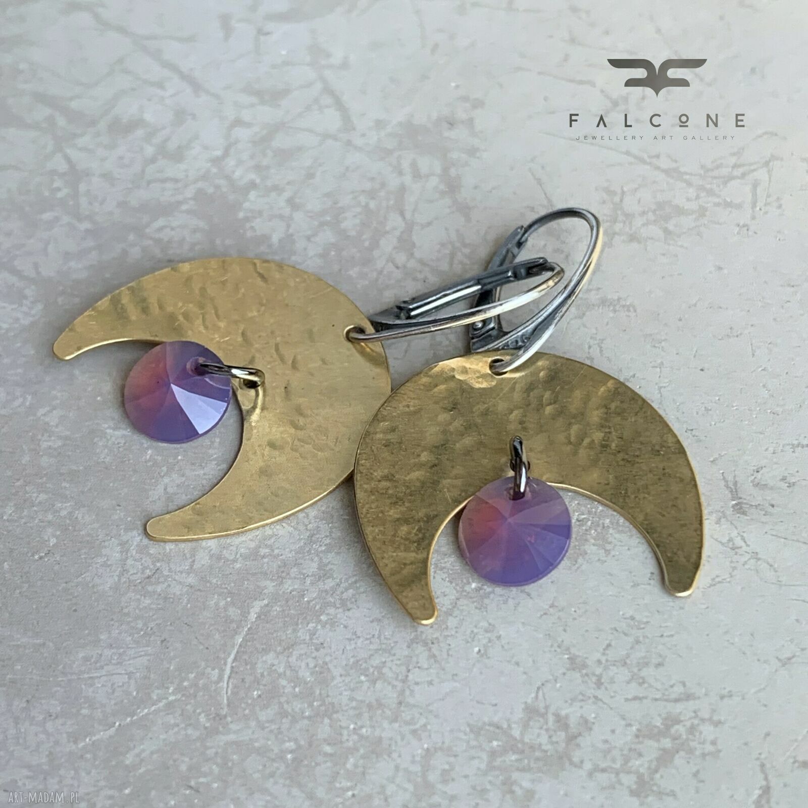 Kolczyki z mosiądzu i kryształami Swarovski Violet Moonlight - księżyce z srebrnymi biglami 925