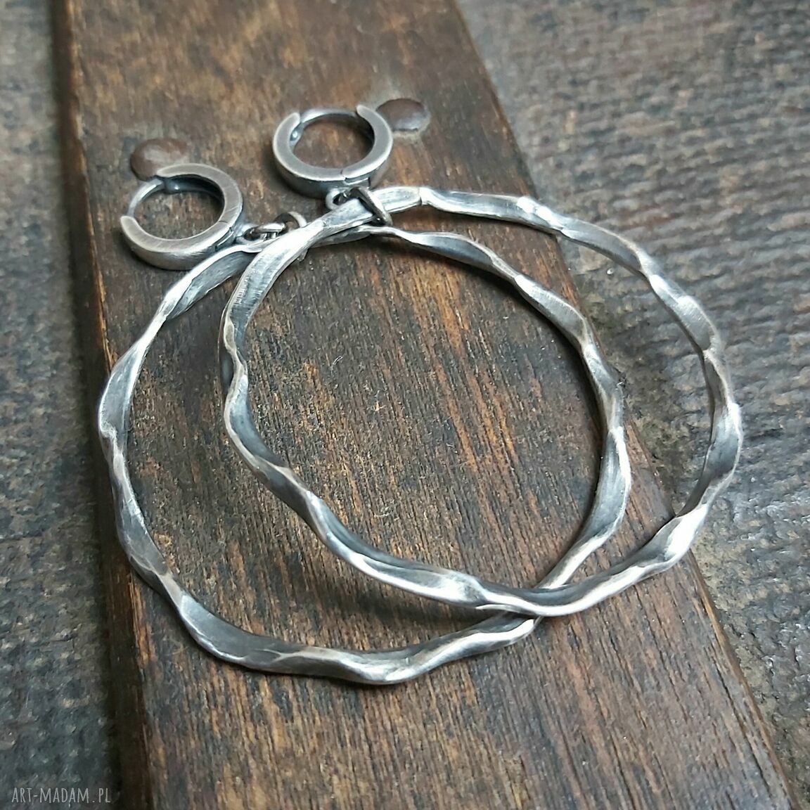 Kolczyki oksydowanego koła wiszące srebrne handmade srebro