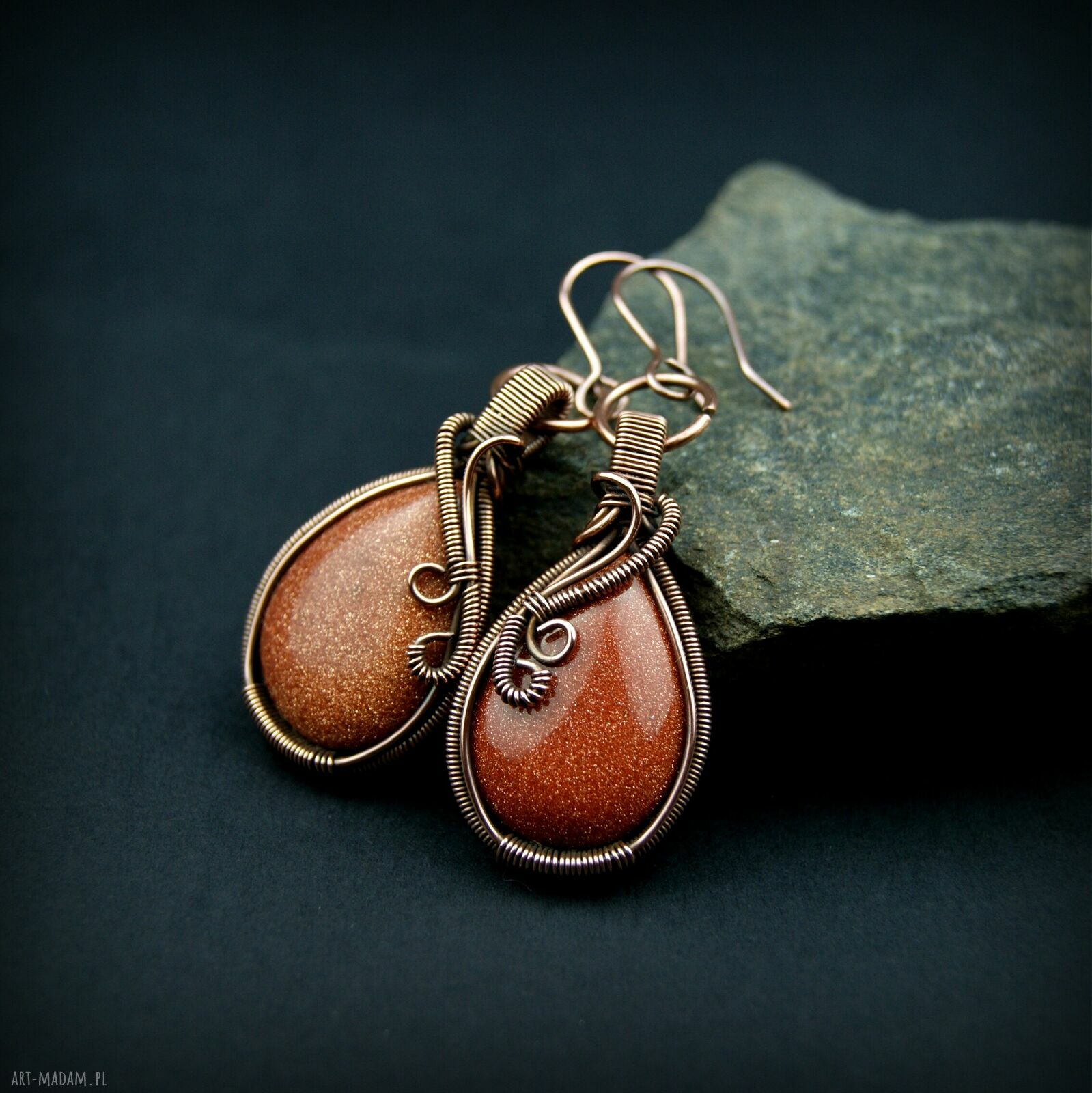 Kolczyki z Piaskiem Pustyni - miedziane wire wrapping, oksydowane