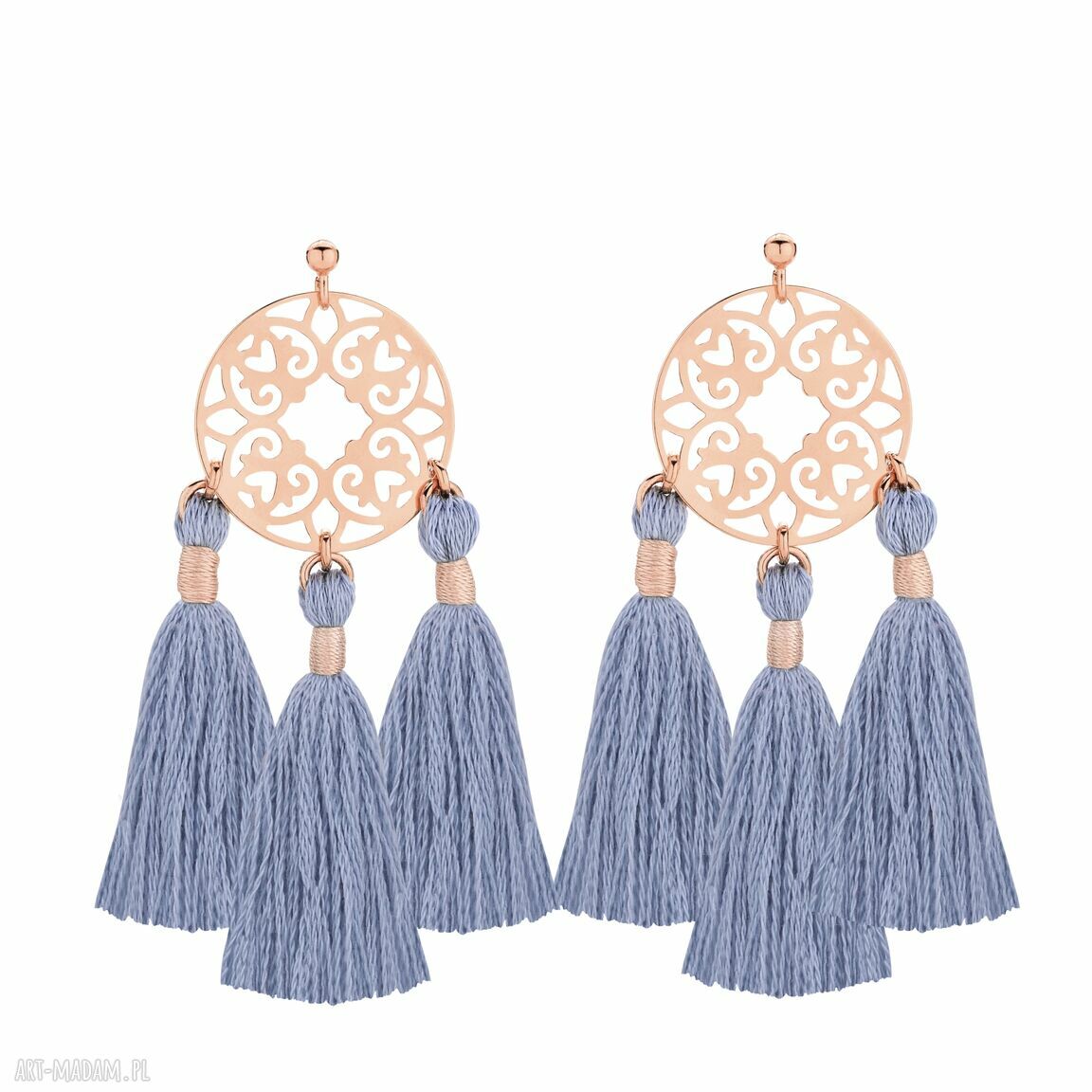 Kolczyki rozetkami różowego złota trzema szarymi chwostami