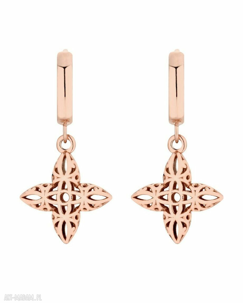Kolczyki różowego złota ażurowymi kwiatkami różowe zawieszka