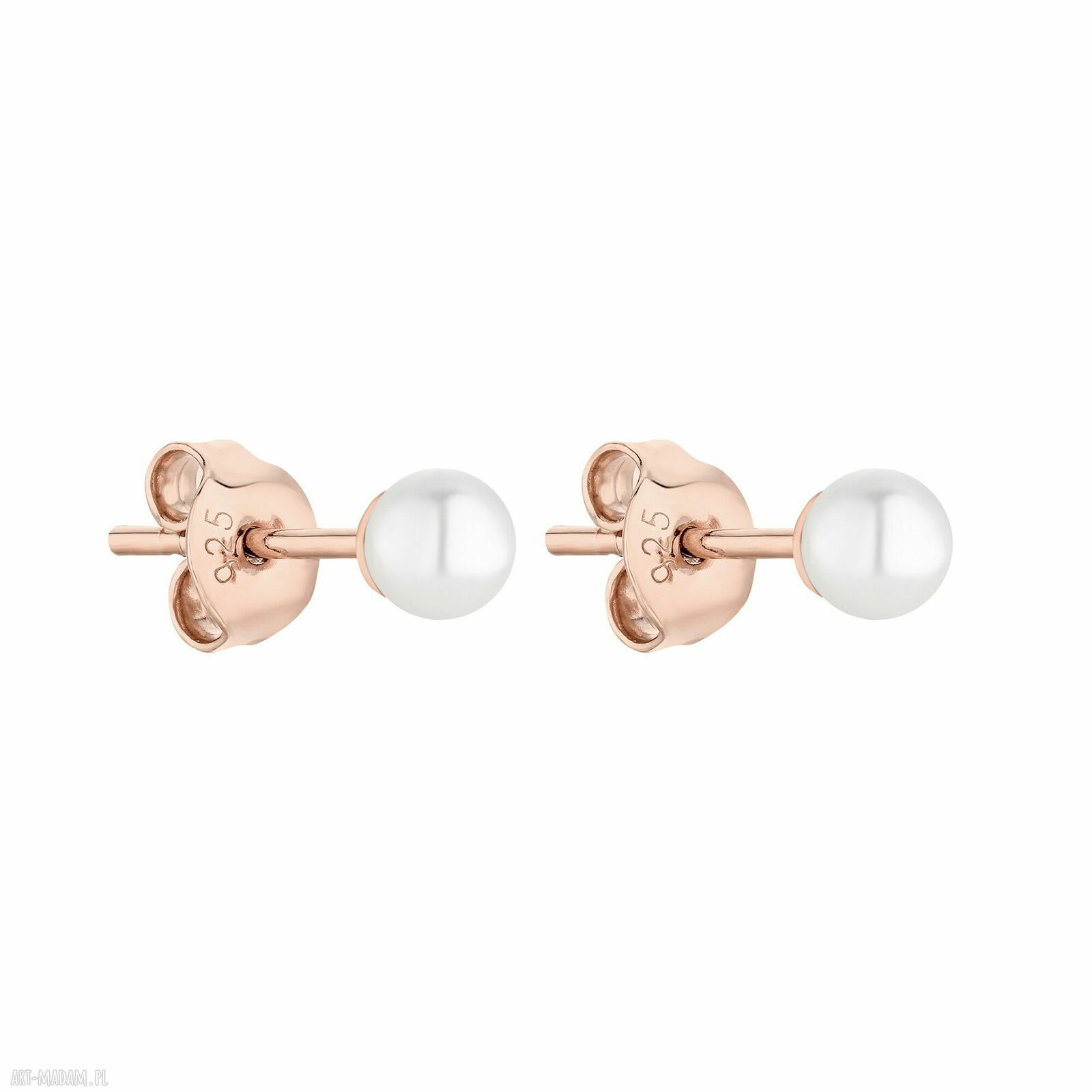 Kolczyki sztyfty z różowego złota i białymi perłami Swarovski Crystal 4 mm