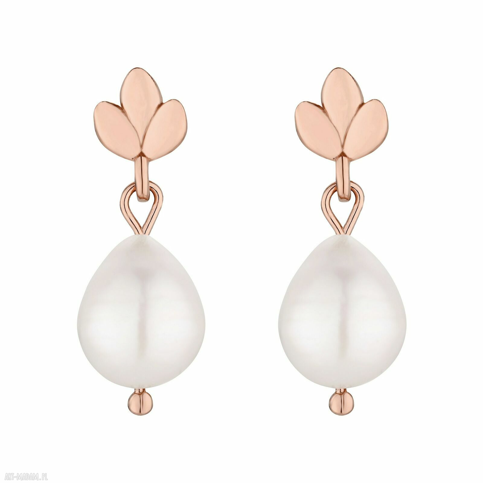 Kolczyki różowego złota listki perłami perła sztyfty