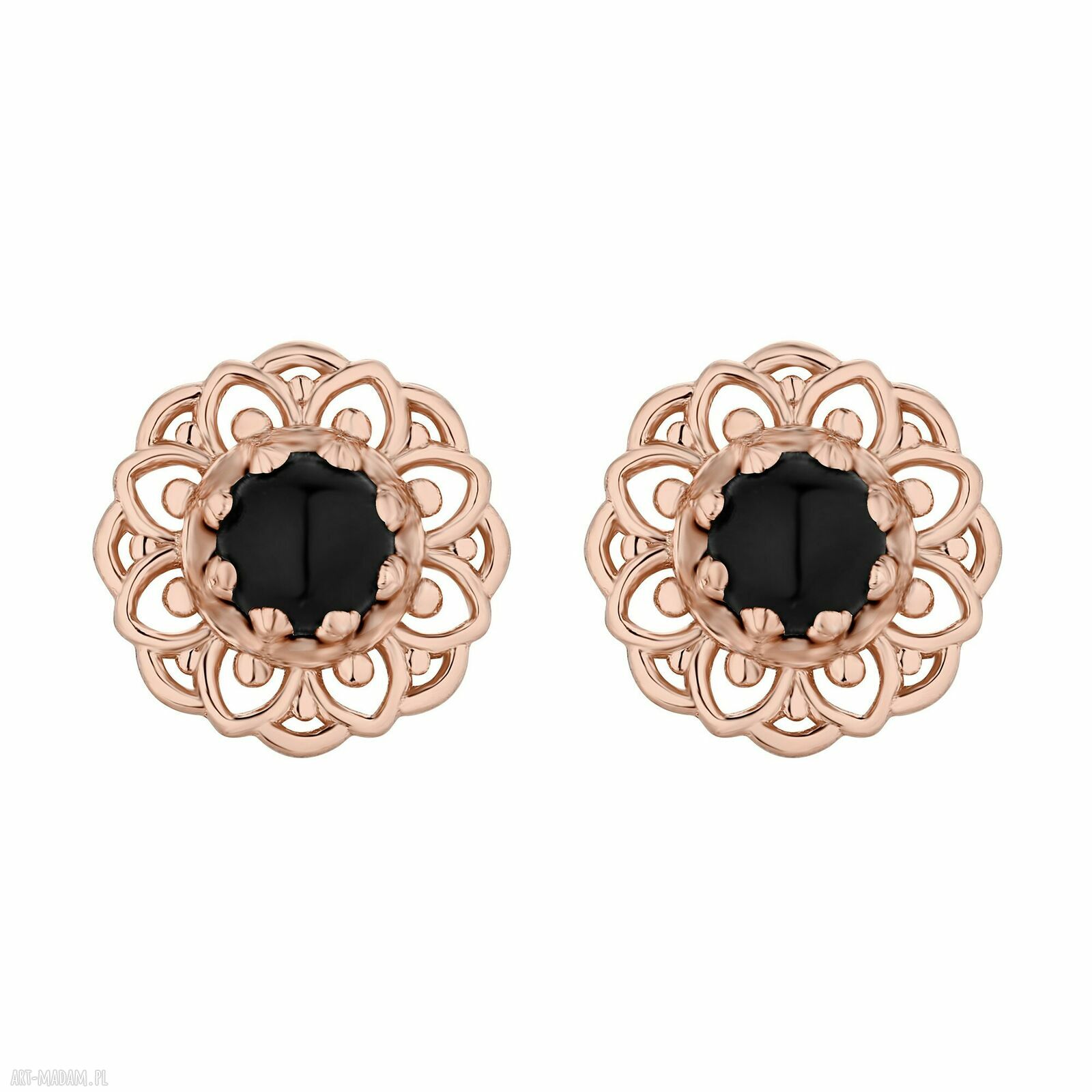 Kolczyki różowego złota onyksami pozłacany czarny onyks kamień