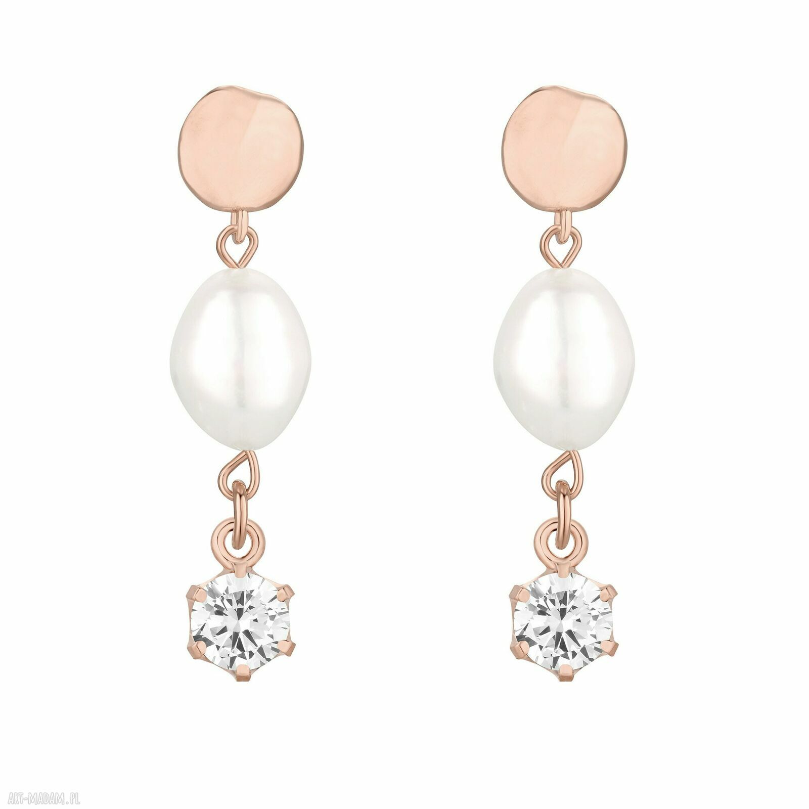 Kolczyki różowego złota perłami bezbarwnymi cyrkoniami pozłacany