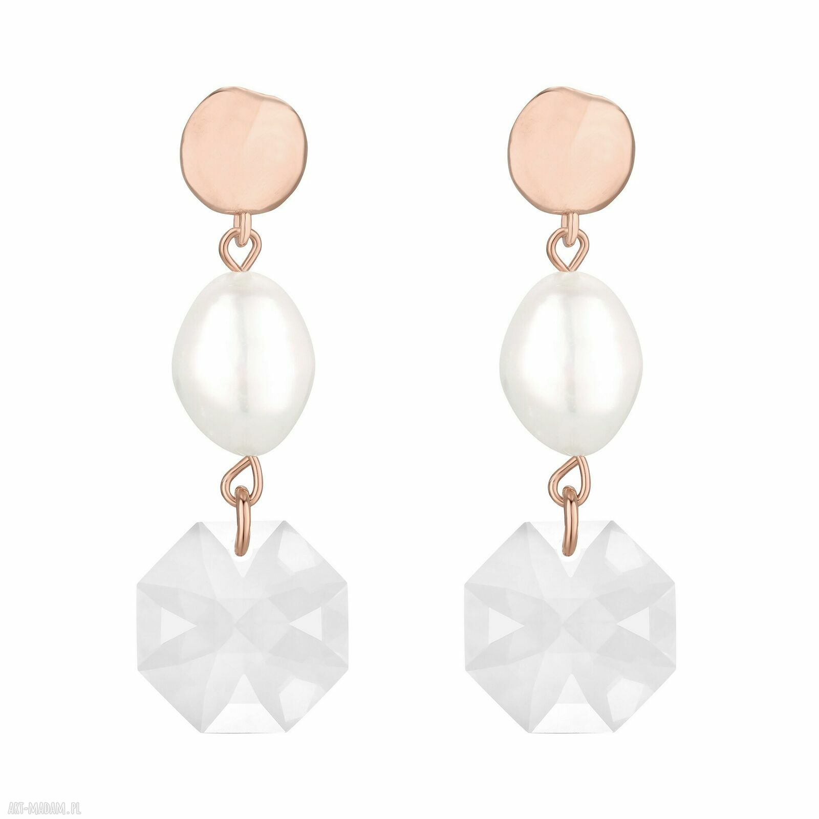 Kolczyki różowego złota perłami bezbarwnymi kryształami