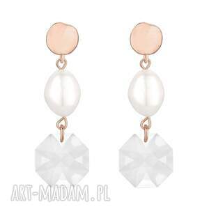 kolczyki z różowego złota z perłami i bezbarwnymi