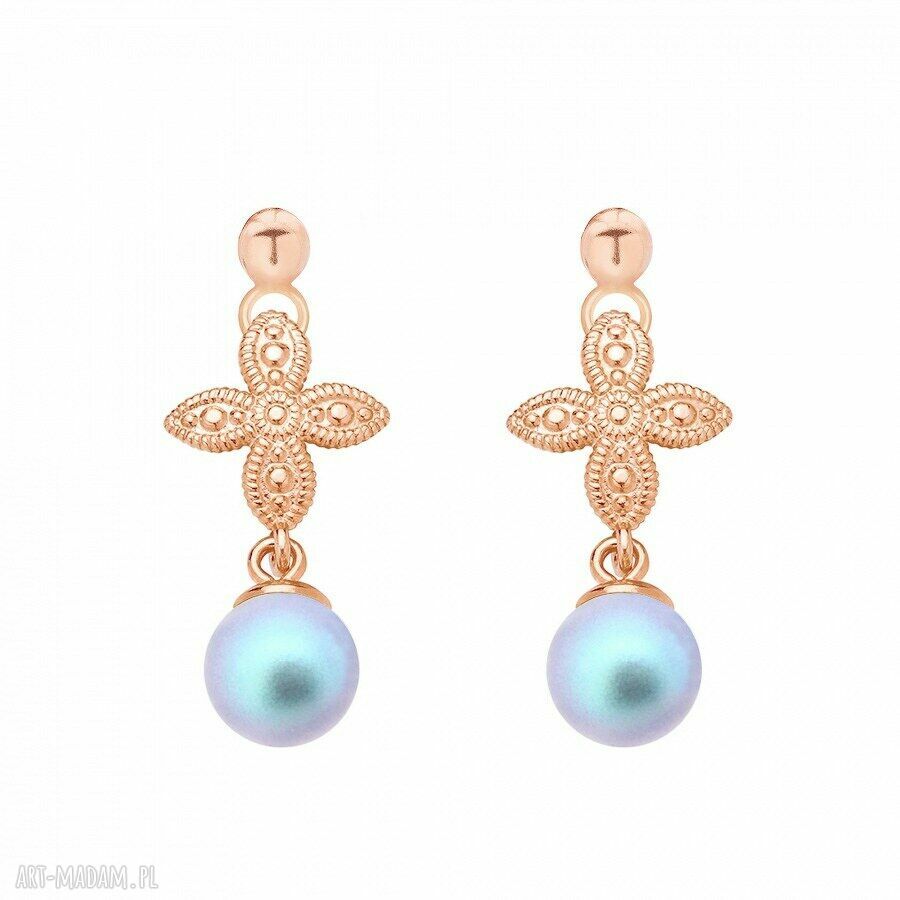 Kolczyki rÓŻowego zŁota rozetkĄ niebieskĄ perŁĄ swarovski®