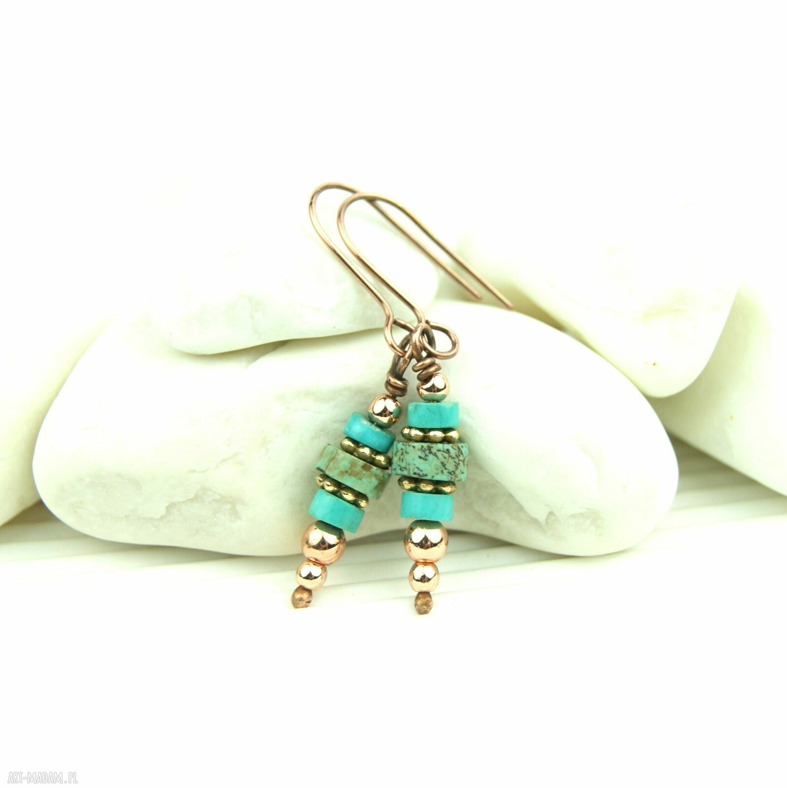 Turkusowe kolczyki z miedzią i hematytem - ręcznie robione wire wrapping