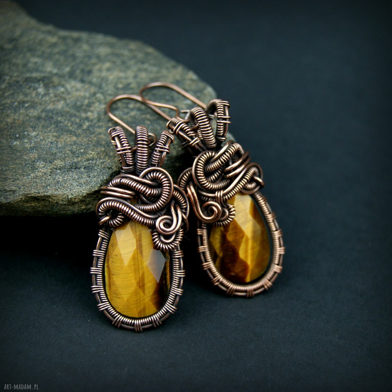 Kolczyki z tygrysim okiem - ręcznie robione wire wrapping z oksydowanej miedzi