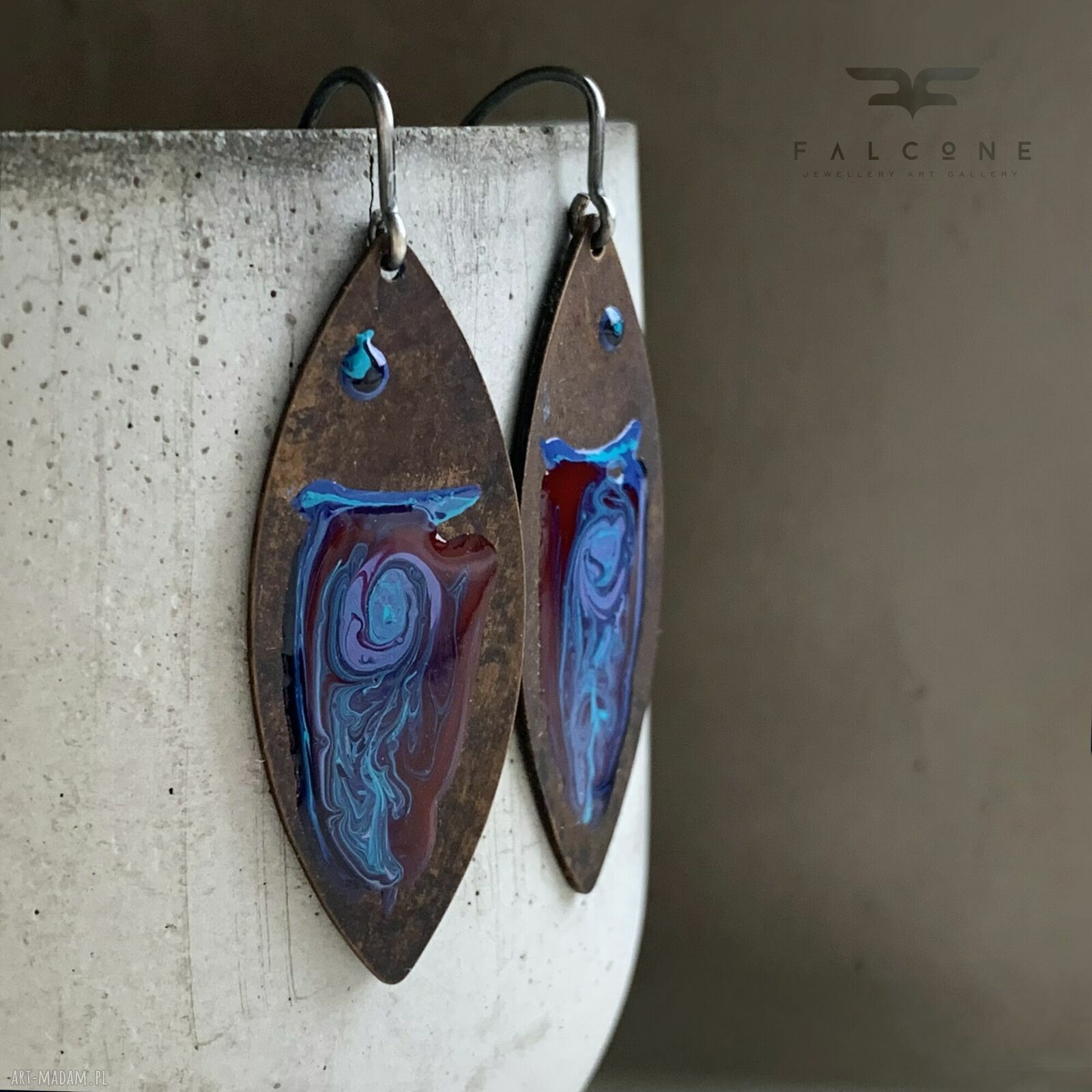 Kolczyki ze srebra i mosiądzu Fish Dark Ruby & Deep Blue