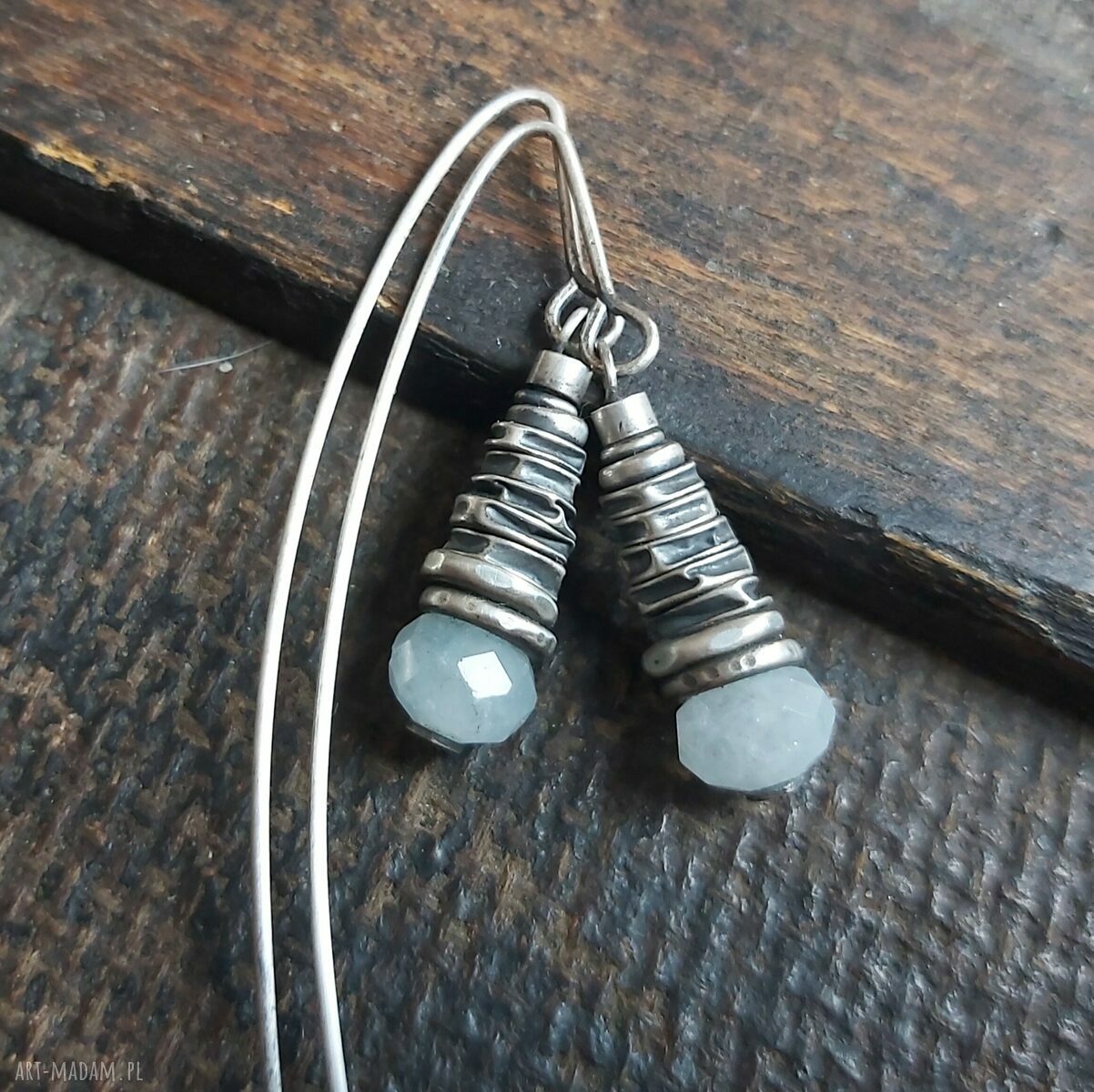 Kolczyki ze srebra z akwamarynem wiszące handmade na prezent