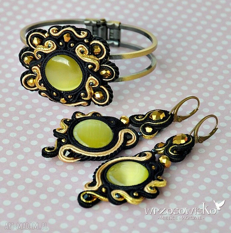 Złoto czerń rezerwacja komplet sutasz soutache kolczyki